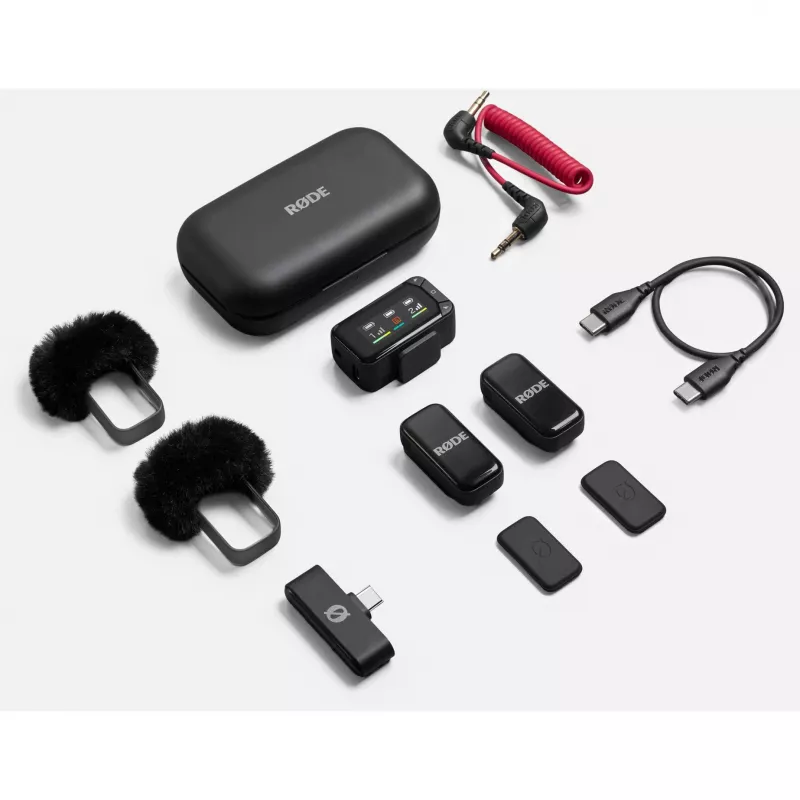 Langaton lavalier-mikrofonisetti Rode Wireless Micro Camera Kit langattomalla lähettimellä ja vastaanottimella