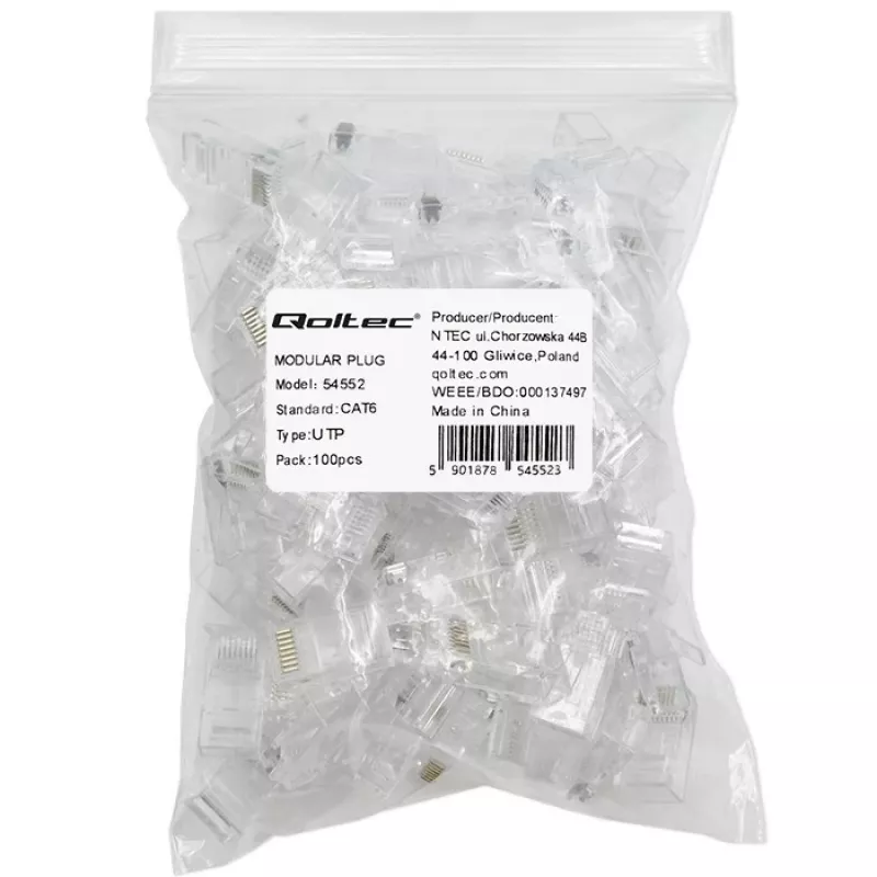 Modulaarinen RJ45-liitin QOLTEC 54552 CAT6 UTP, 100 kpl:n pakkaus