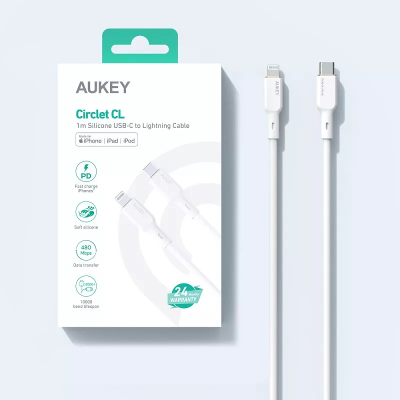 CB-SCL2 valkoinen silikonikaapeli Lightning-USB-C USB Power Delivery USB-PD