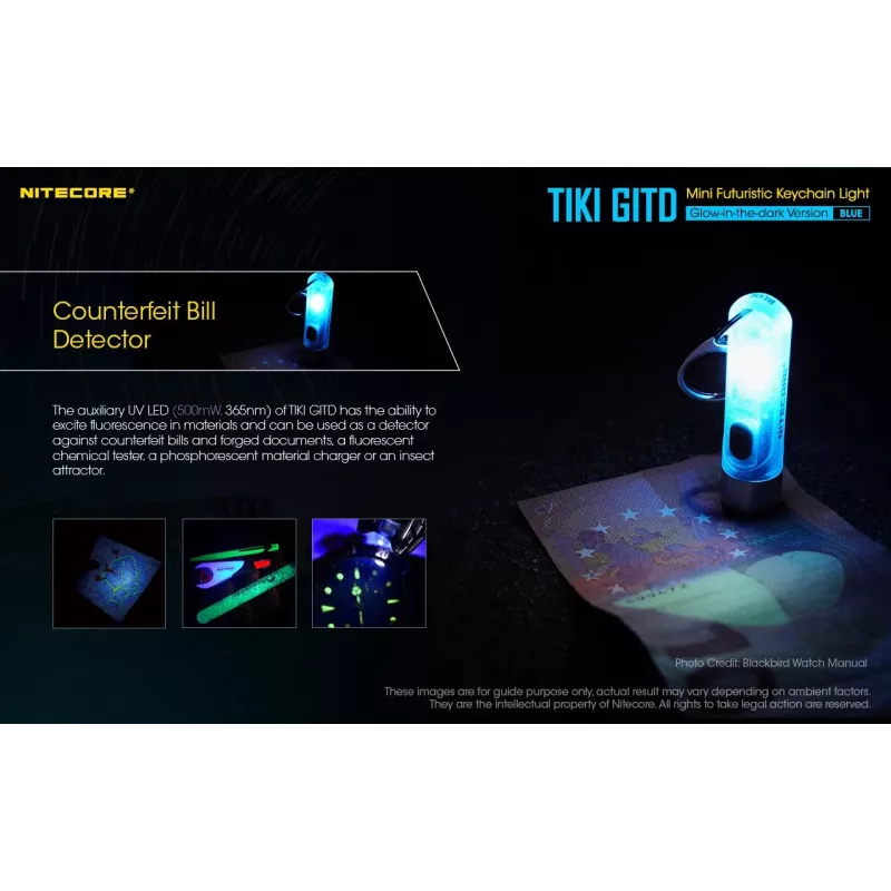 Nitecore TIKI GITD BLUE taskulamppu, T-sarja, 300 lumenia
