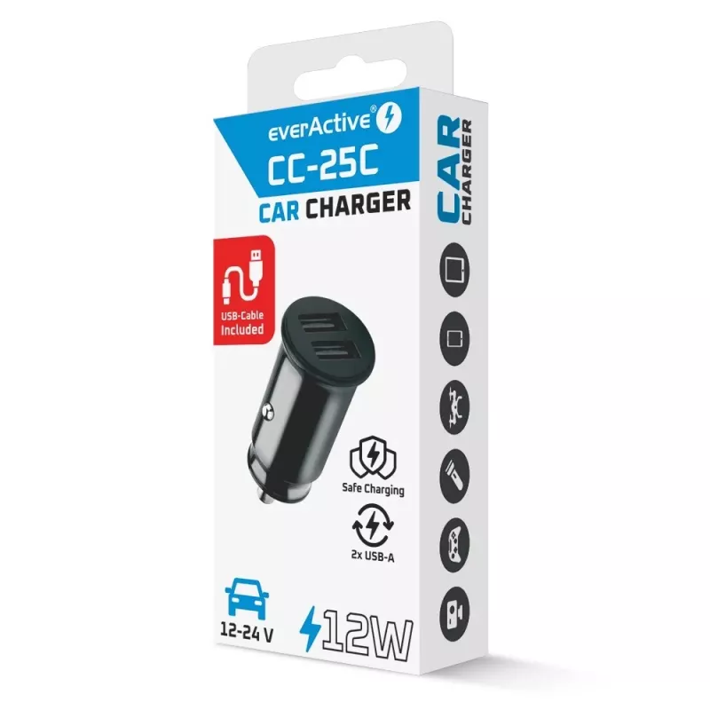 everActive CC-25C autolaturi, 2x USB 12 W, USB-C-kaapelilla