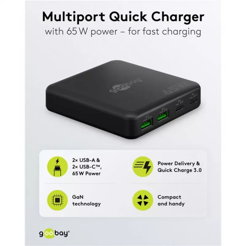 GOOBAY moniporttinen USB-C PD GaN pöytälaturi 65 W, musta