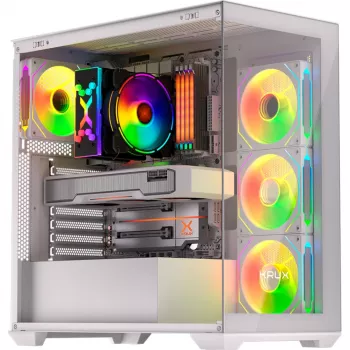 PC-kotelo KRUX Exo RGB valkoinen — ATX Tower, teräs, 2x3,5 tuuman + 2x2,5 tuuman paikkaa, USB-C, RGB