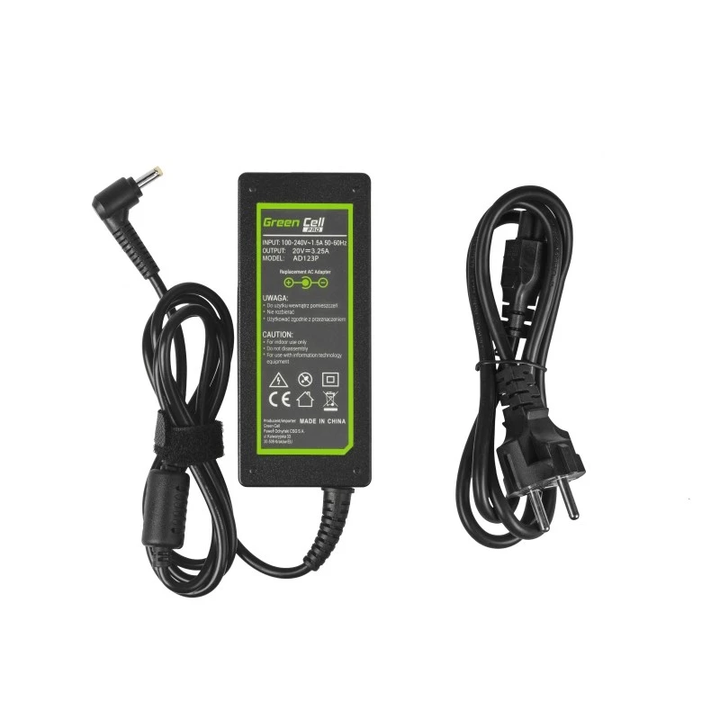 Virtalähde Green Cell AD123P 65 W 20 V 3,25 A Lenovolle, sisäkäyttöön, musta, 2 m kaapeli