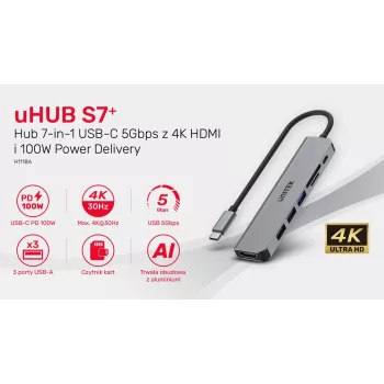 USB-C-keskitin Unitek 7in1 alumiini PD 100W 5 Gbps — moniporttinen sovitin Power Delivery -tuella
