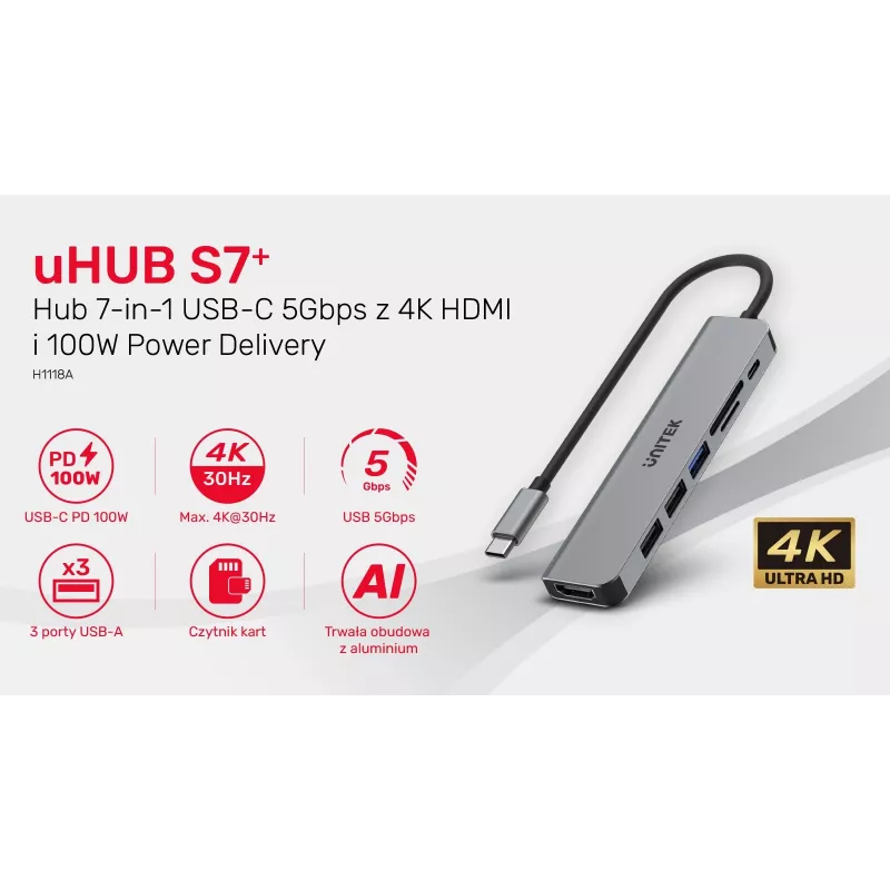USB-C-keskitin Unitek 7in1 alumiini PD 100W 5 Gbps — moniporttinen sovitin Power Delivery -tuella