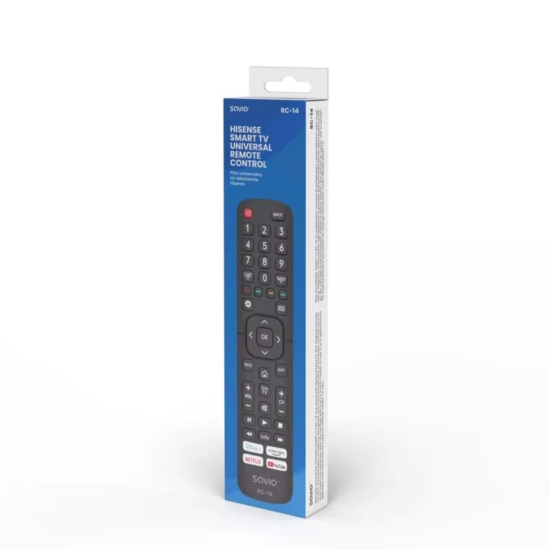 Yleiskaukosäädin SAVIO RC-14 Hisense Smart TV:lle, IR langaton, tukee 14 laitetta, kantama jopa 10 m, musta