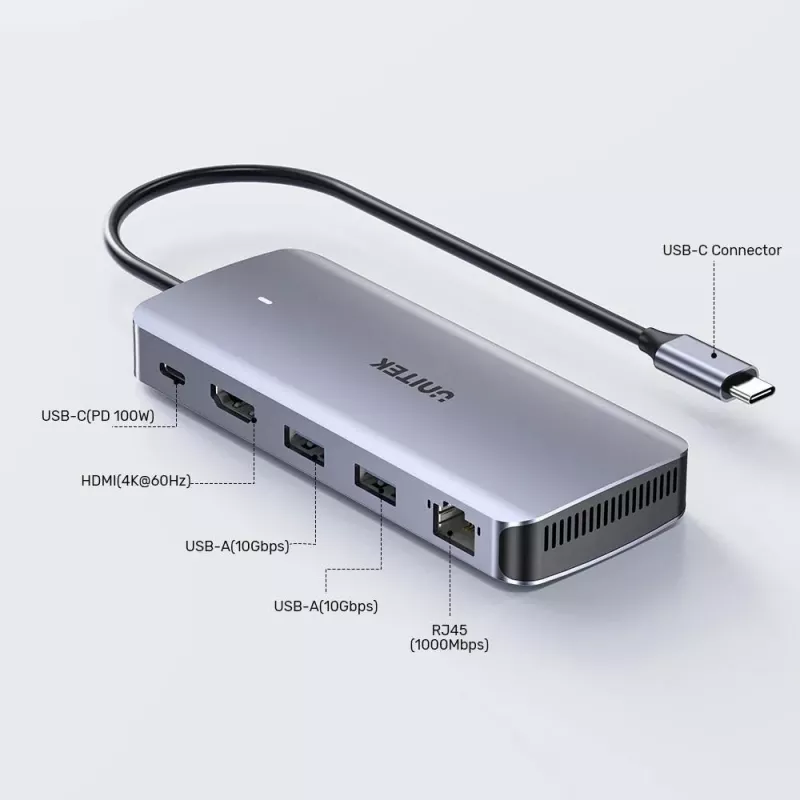 UNITEK aktiivinen USB-C-keskitin 10GBPS, M.2, HDMI, PD 100W