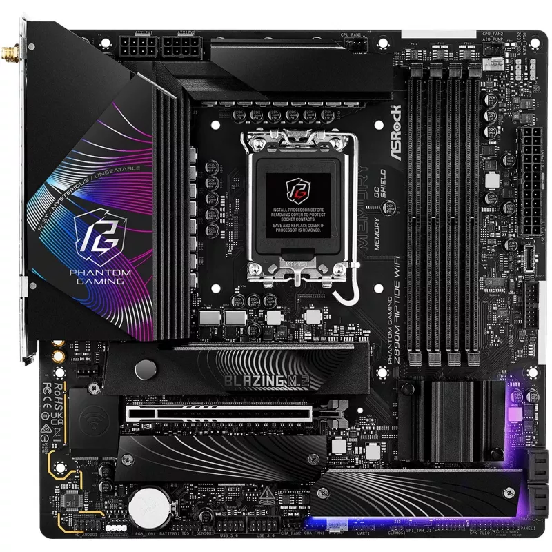ASRock Phantom Gaming Z890M Riptide WiFi emolevy, Intel Z890, LGA1851, micro ATX, DDR5, enintään 256 GB, Wi-Fi 6E, Bluetooth, 5GbE LAN, USB4