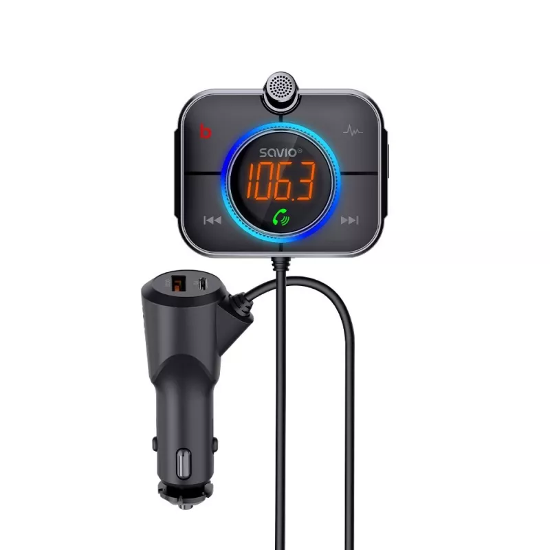 FM-lähetin SAVIO TR-14 Bluetooth USB, FM 87,6–107,9 MHz, MicroSD, USB-C, 12 V autovirtalähde
