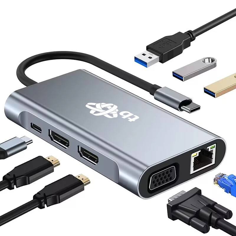 HUB 8in1 sovitin USB C HDMI x2 USB VGA RJ45 PD