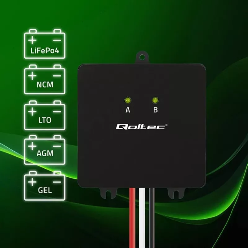 Akun jännitteentasaaja QOLTEC 51097 24V (2×12V) akuille, 5A tasausvirta