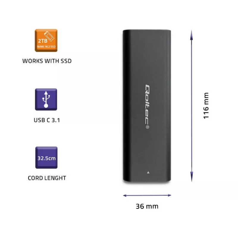 Qoltec 50312 M.2 NVMe SSD -kotelo, USB Type-C, musta