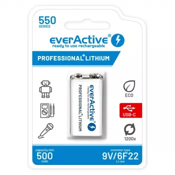 Ladattava akku everActive 6F22/9V Li-ion 550 mAh USB TYPE C:llä