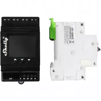 DIN-kiskorelemoduuli Shelly 4-kanava Pro 4PM Wi‑Fi, 4 kanavaa, AC 110–240 V, tehon- ja energianmittaus, DIN-asennus