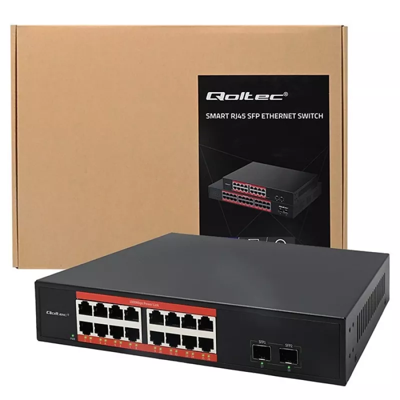 Verkkokytkin QOLTEC 52364 — Gigabit Ethernet PoE 16xRJ45, 2xSFP