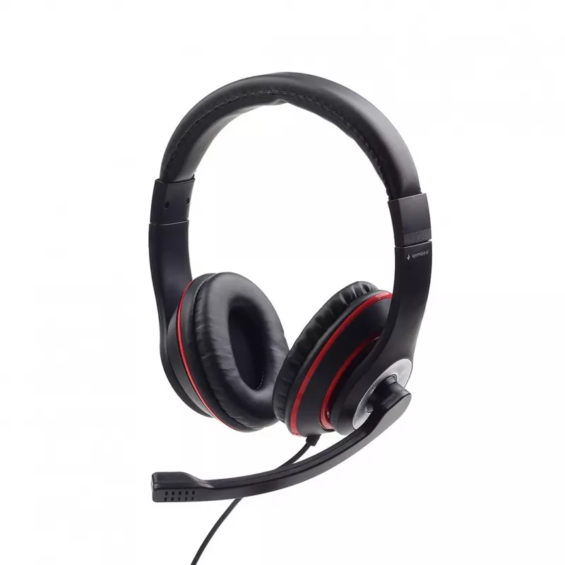 Langallinen pelikuulokemikrofoni GEMBIRD MHS-03-BKRD — binaural, korvan peittävä, 3,5 mm, 1,8 m kaapeli, punainen/musta