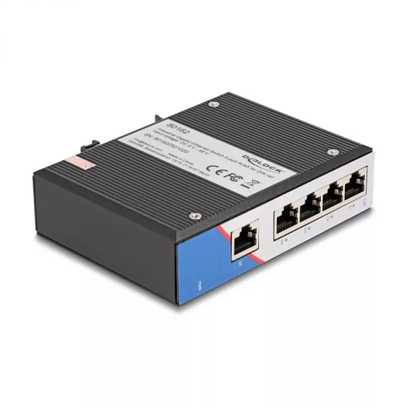 Ethernet-kytkin DELOCK 80162 — 5-porttinen Gigabit RJ45 DIN-kiskoasennukseen