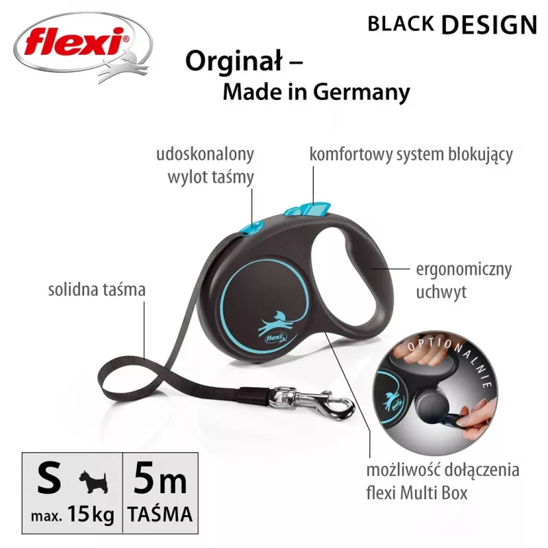 Flexi Automatic -hihna musta Design S 5 m, sininen