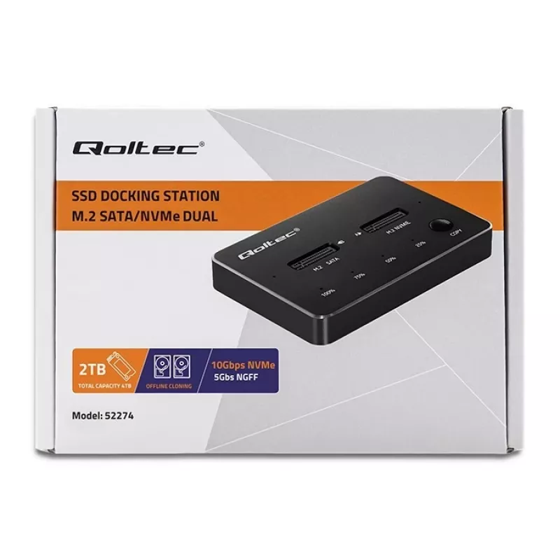 Qoltec 52274 M.2 SSD-telakka | NVMe | SATA | USB-C | DUAL 2 x 2TB