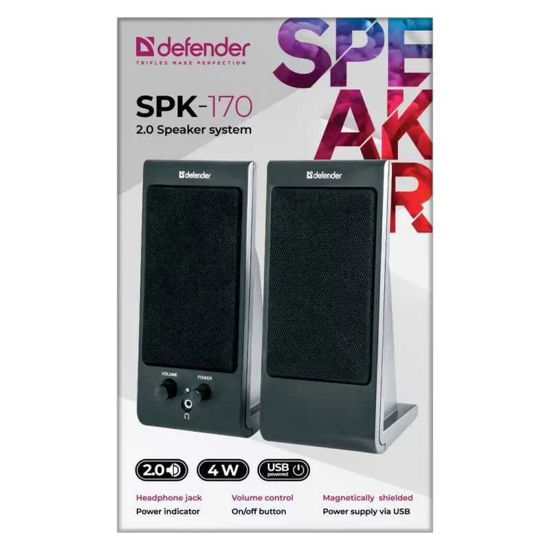 Pöytä-/hyllykaiuttimet DEFENDER SPK-170 2.0, 4 W RMS, johdollinen USB 5 V, 3,5 mm, musta