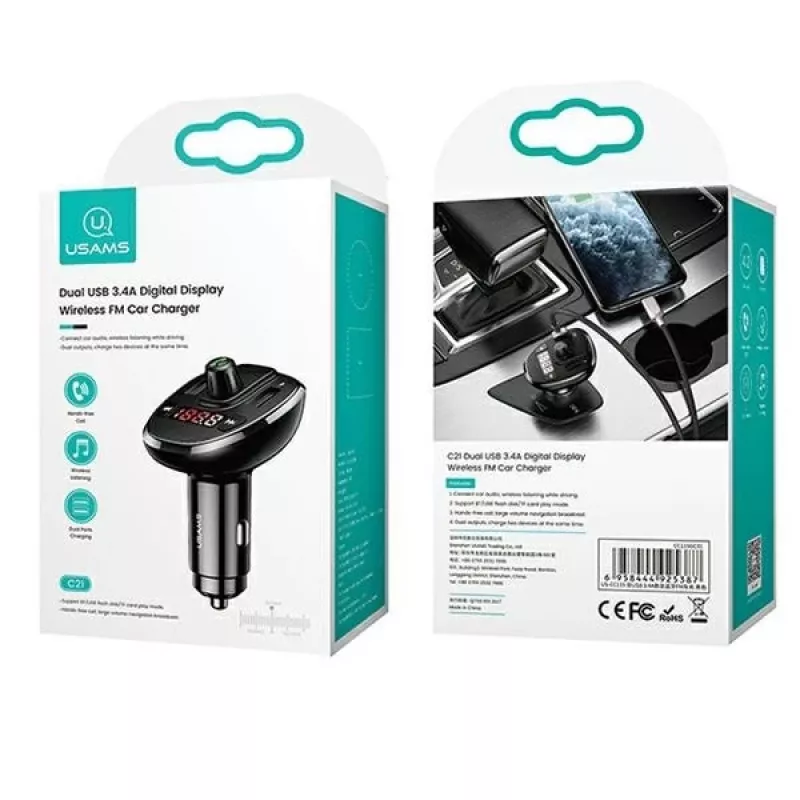 USAMS US-CC115 C21 auto-FM-lähetin kaksois-USB-laturilla, Bluetooth 5.0, 3,4 A, musta