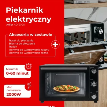 Sähköuuni Adler AD 6028 — 60 l, 2000 W, vapaasti seisova, kiertosäätimet, rotisserie, max. 230 °C, musta