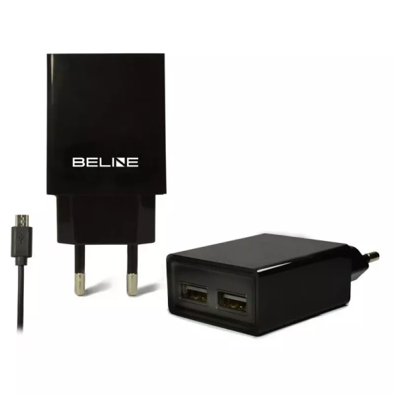 Matkalaturi Beline Beli0011 — 2×USB-liitäntää, microUSB-kaapeli, 2A lähtö, musta