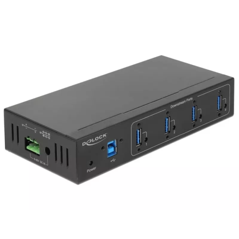 Delock 63309 ulkoinen teollisuus-USB-keskitin, 4 x USB 3.0 Type-A, 15 kV ESD-suojaus, metallikotelo, seinäasennettava