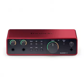Äänikortti Focusrite Scarlett 2i2 4th Gen — 2-in/2-out USB-C, 24-bit/192 kHz, 69 dB esivahvistin, pöytämalli, musta/punainen
