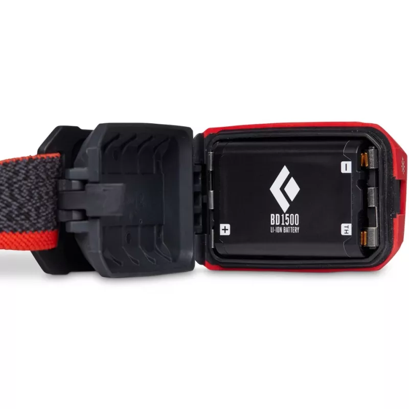 Black Diamond Storm 450 otsalamppu, jossa musta ja punainen otsapanta