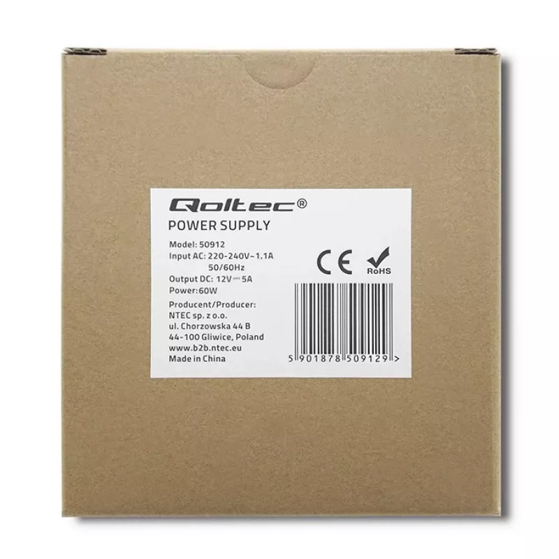 Qoltec DIN-kiskon virtalähde | 60W | 12V | 5A | valkoinen | ohut