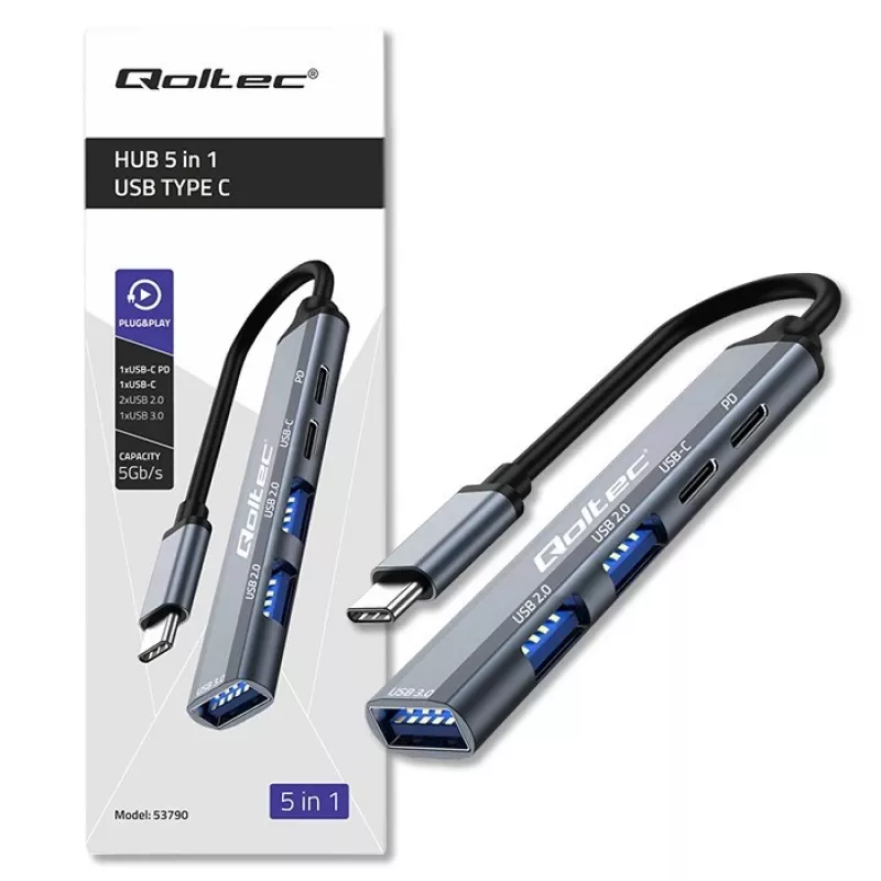 Qoltec 53790 keskitin sovitin USB-C 3.1 5in1 | USB-C PD | USB-C | 2x USB 2.0 | USB 3.0