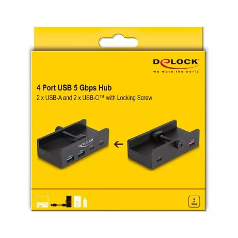 Delock 64262 ulkoinen USB 5 Gbps 4-porttinen hubi, 2x USB Type-A ja 2x USB Type-C, lukitusruuvilla