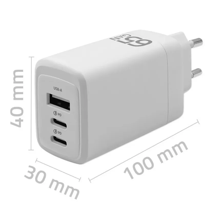GaN-laturi QOLTEC 51822 65W 2×USB-A 2×USB-C