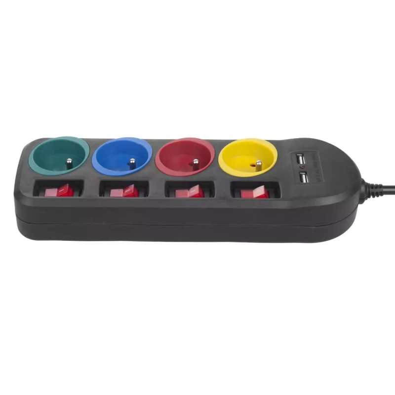 Jatkojohto MACLEAN MCE229B — 4 AC-pistorasiaa, 2× USB-A, 1,5 m kaapeli, 10 A, tyyppi F, sisäkäyttöön, musta