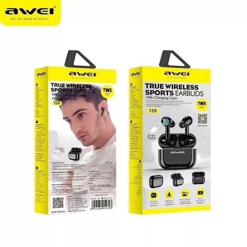 AWEI Bluetooth 5.0 T29 TWS -kuulokkeet + latausteline musta/musta