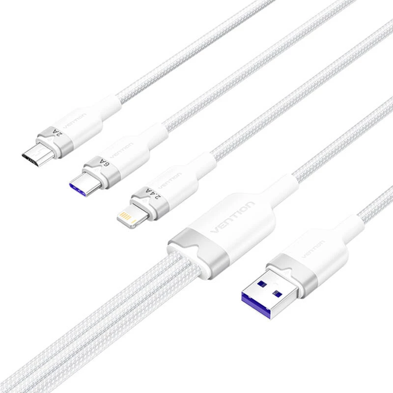USB 2.0 A – 3-in-1 6A -kaapeli Vention CTRWG 1,5 m valkoinen