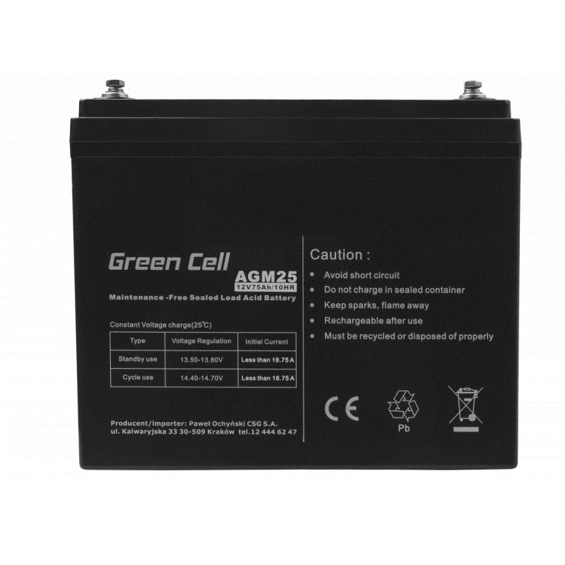 Sinetöity lyijy-happo UPS-akku Green Cell AGM25 12 V 75 Ah, VRLA, 75 Ah, 12 V, 21,3 kg