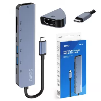 USB Type-C -keskitin SAVIO AK-82 HDMI:llä, MicroSD, USB 3.2 Gen1, PD-läpivienti, 4K@30Hz, 5000 Mbit/s, musta