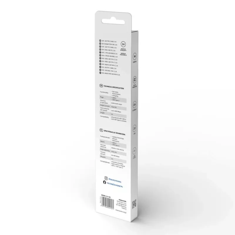 Savio CL-125 USB-kaapeli USB 2.0 1 m USB A USB C valkoinen