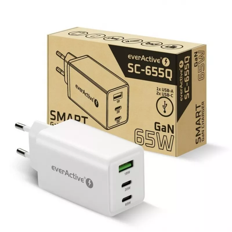 everActive SQ-655Q 65W -pikalaturi, 1×USB-A + 2×USB-C