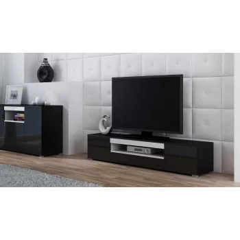 TV-taso cama meble VIVA 180 — 1800×400×370 mm, musta kansi (lastulevy), musta runko, valkoiset yksityiskohdat