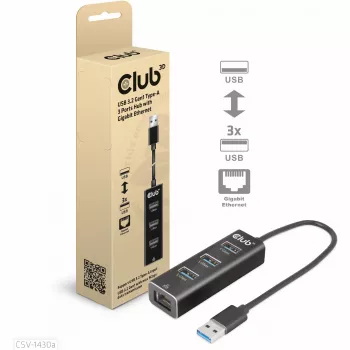 USB-keskitin CLUB3D USB 3.2 Gen1 Type-A 3 liitännällä ja gigabitin Ethernet