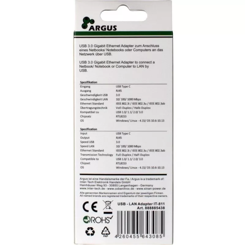 Inter-Tech Argus IT-811 - verkkosovitin - USB-C - Gigabit Ethernet - musta (88885438)