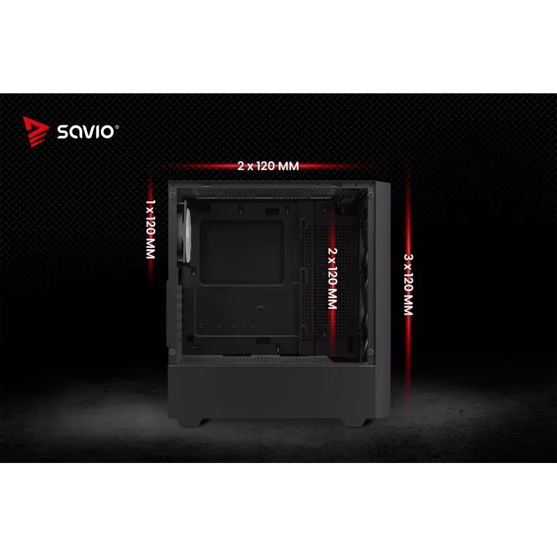 PC-kotelo SAVIO Noctis Flow RGB — Cube, ATX/Mini-ITX, 3x 120 mm etutuulettimet, karkaistu lasisivupaneeli, max. GPU 35 cm