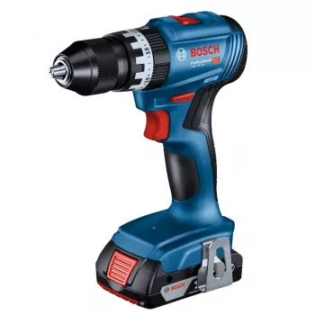 Bosch GSB 18 V -akkuporakone — 18 V, 4 Ah Li-Ion, 45 N·m, 500/1900 kierr./min, 35 mm puu, 10 mm teräs, 2 akkua, laturi, laukku