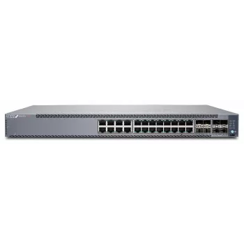 Juniper EX4100 24-porttinen 10/100/1000BaseT PoE+, 4x 10G SFP+ uplink-porttia, 4x 25G SFP28 stack-/uplink-porttia, redundantit tuulettimet, 1 AC-virtalähde JPSU-920-AC-AFO sisältyy (optiikat myydään erikseen), vakio-ohjelmistolla. TAA-yhteensopiva. (EX4100-24P)