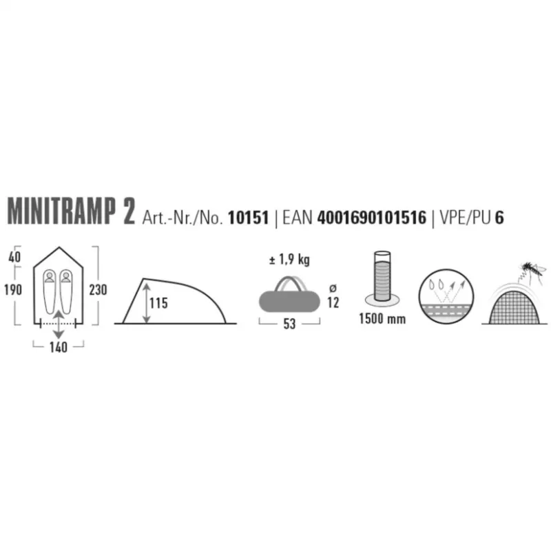 Teltta High Peak Minitramp 2 kevyt musta/punainen — kompakti 2 hengen retkeilyteltta