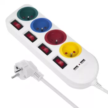 Jatkojohto MACLEAN MCE229W — 4 pistorasiaa, 2× USB, 1,5 m kaapeli, tyyppi F, 10 A, valkoinen